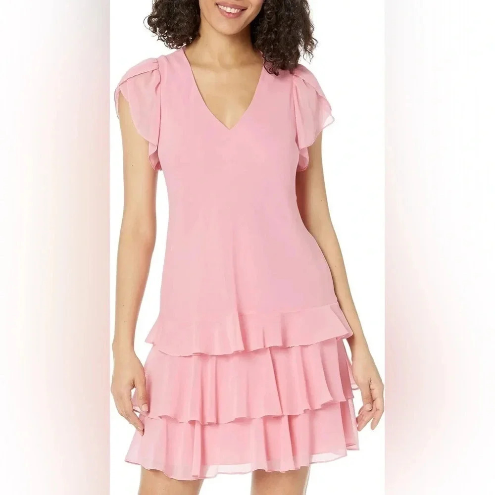 LRL Georgette Feminine Flutter Sleeve Coquette Drop Waist Layered Skirt Dress